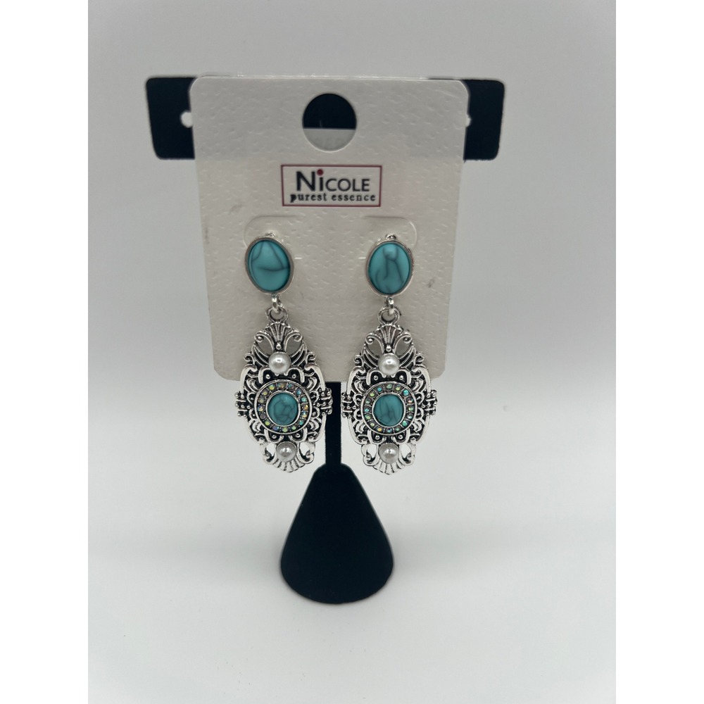 Nicole Purest Essence Faux Turquoise Silver Tone Filigree Drop Earrings CR3900